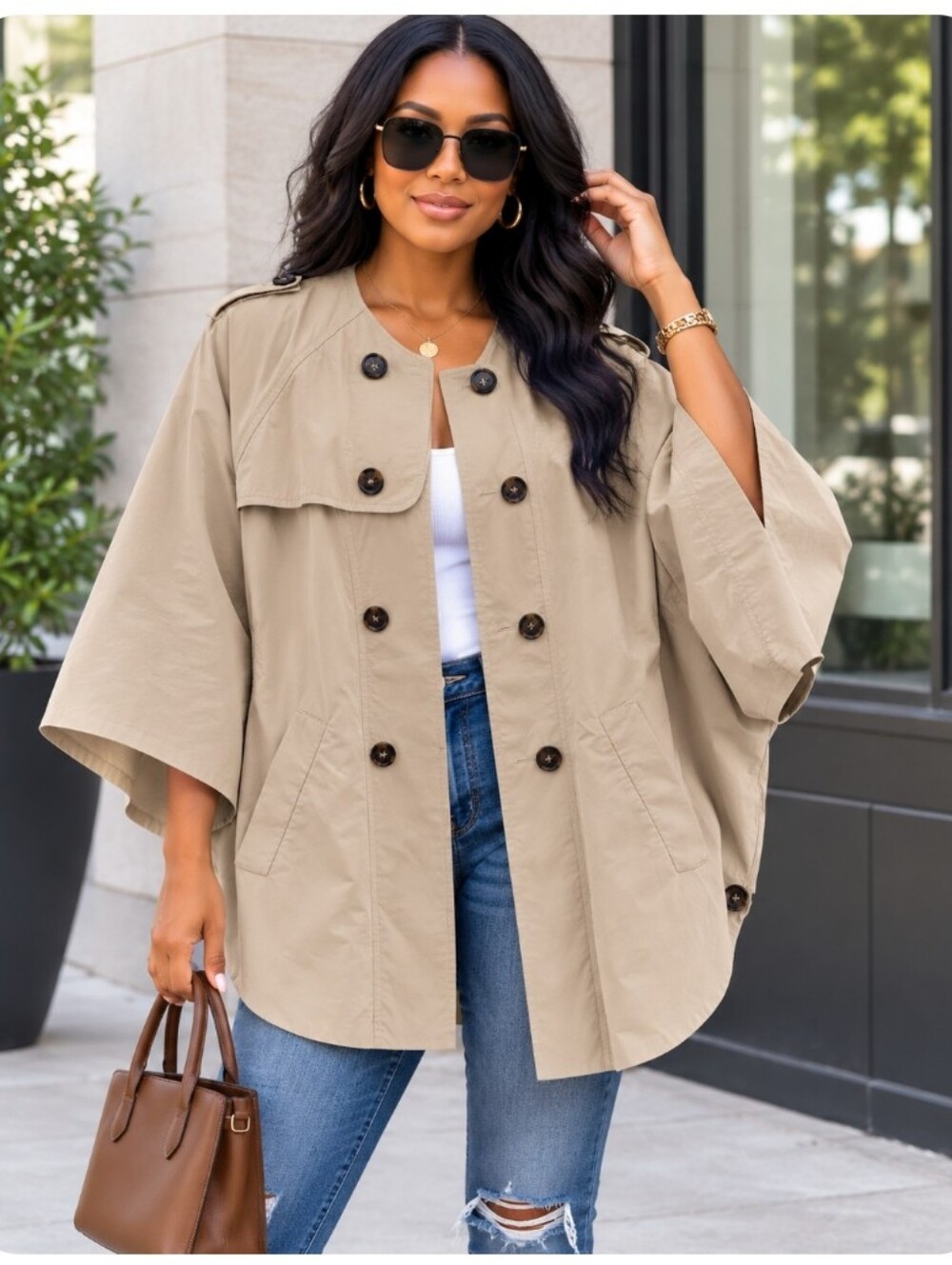 H&M Taupe Cape-Style Double-Breasted Trench Coat No Belt Neutral
